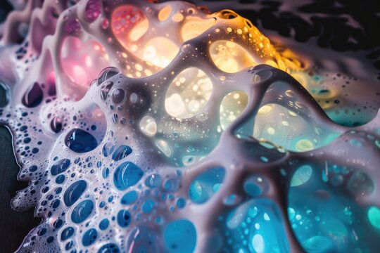 Hypnotizing image of soap foam creating patterns, beautifully illuminated on a black background.