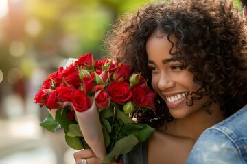 A radiant woman embraces the beauty of nature as she holds a stunning bouquet of red roses, exuding joy and elegance in her floral attire