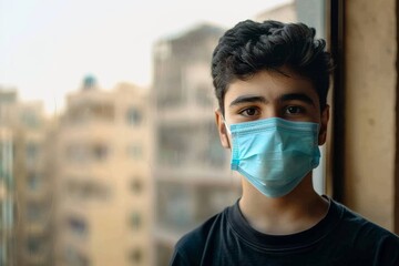 Portrait of man wearing a medical mask at home to protect against a virus