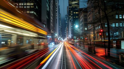 Fototapeta premium Evening Commute in Urban Canyon with Streaking Lights from Traffic and Public Transportation in City Center