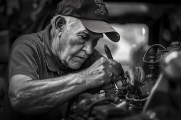 Black and White image of an older car mechanic working on a vehicle