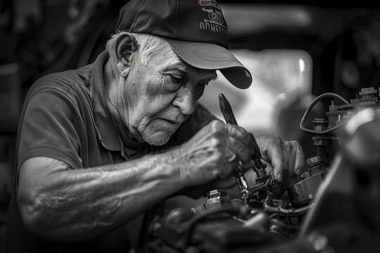 Black and White image of an older car mechanic working on a vehicle