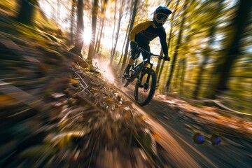 Adventurous cyclist riding a mountain bike through a forest