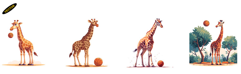 Cute playful giraffe basketball player vector, athletic jungle mammal illustration, sports talent with height, team competitive game design, Asian wildlife theme. - obrazy, fototapety, plakaty