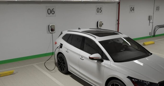 Generic electric crossover car connected to charging box. EV vehicle plugged in energy station, recharge battery at shopping mall or urban city house parking lot. 3D animation