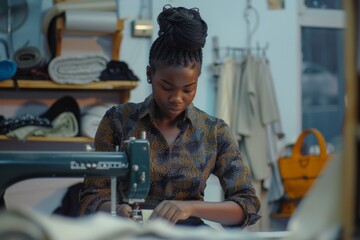 A skilled woman creates wearable art with precision and grace, her hands expertly guiding the sewing machine as she sits intently focused in her indoor studio - Powered by Adobe