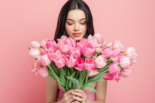 A fashion-forward woman skillfully arranges a stunning bouquet of pink flowers, showcasing her floristry talents with delicate petals and a chic vase against an indoor wall adorned with artificial bl