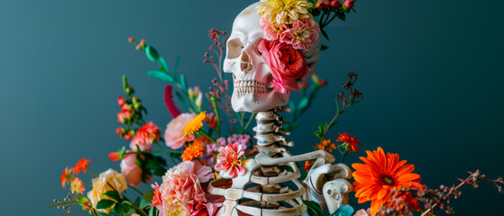 Floral human skeleton in full bloom representing a fusion of nature and anatomy