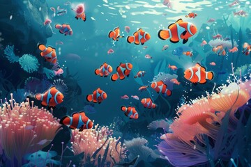 A group of clownfish can be seen darting in and out of colorful corals in this underwater scene. The vibrant corals provide shelter for the playful fish as they swim around gracefully