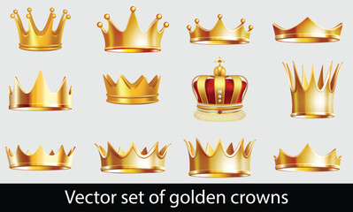 set of golden crowns Vector set of golden crowns for king or monarch, queen or princess tiara, prince headdress.