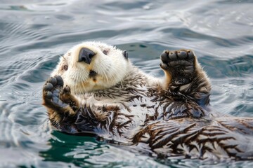 A close-up shot of a sea otter gracefully swimming in the water, effortlessly gliding through the ocean. The otters slick fur shines under the water as it expertly navigates its surroundings