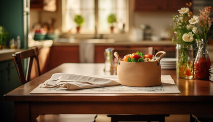 Fototapeta premium beautiful interior of the kitchen table against the background of the kitchen.