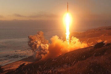 As the fiery rocket blasts off from the beach, the vibrant sunset reflects off the polluted ocean, creating a stunning contrast between man-made innovation and natural beauty
