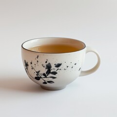 a cup of tea with leaf design on it