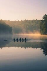 A team of rowers practicing on a calm lake in the early morning, Real photo quality shot on canon camera --ar 2:3 --v 6 Job ID: a68cd085-d60a-4089-880e-5869410fb796 - obrazy, fototapety, plakaty