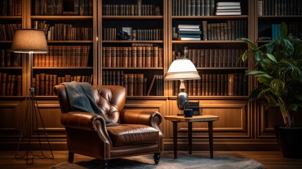 Fototapeta premium Living Room With Leather Chair and Potted Plant