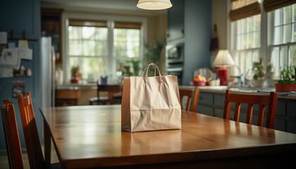 paper bag with groceries on a blurred kitchen background. shopping for cooking.