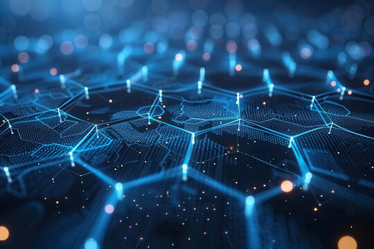 Blue neon network on digital motherboard concept background