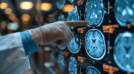 Hand of a neurologist doctor analyzing the diagnosis of a patient with Alzheimer's in a brain scan. Medical examination of a neurological disease and health.