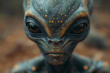 The captivating gaze of an extraterrestrial creature frozen in stone, its animal-like features and intense eyes mesmerizing viewers in an outdoor setting