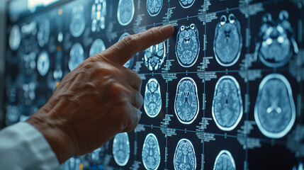 Close-up of a doctor's hand pointing out the diagnosis of a patient with Alzheimer's on a brain scan. Health care and neurology concept. - obrazy, fototapety, plakaty