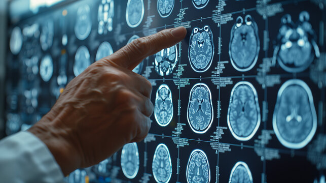 Close-up of a doctor's hand pointing out the diagnosis of a patient with Alzheimer's on a brain scan. Health care and neurology concept.