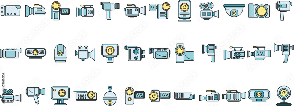 Poster camcorder device icons set. outline set of camcorder device vector icons thin line color flat on whi