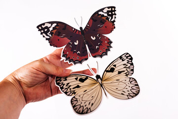 A close-up of two beautifully crafted paper butterflies in a hand. Ideal for home decoration or DIY projects.
