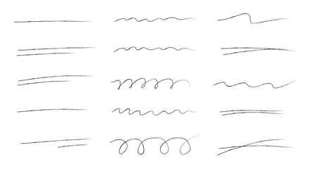 Charcoal strokes. Set of black hand drawn brush lines on white background. Collection of vector grunge brushes. Vector horizontal chalk lines hand drawn