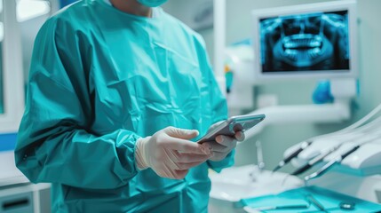 A medical professional in scrubs uses their phone to coordinate and access necessary equipment, technology, and resources for their important role in the hospital, whether it be assisting in procedur - obrazy, fototapety, plakaty