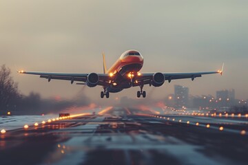 A majestic airplane soars into the vibrant winter sky, its powerful twinjet engines propelling it through the fog as it takes off from the runway, a symbol of modern air travel and the incredible fea