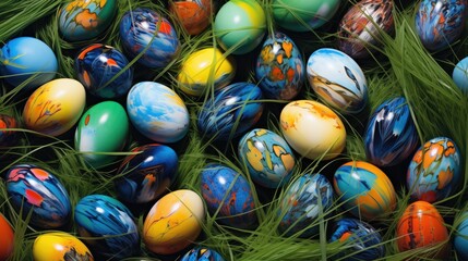 Fototapeta na wymiar Background of natural colored colored eggs, top view from the place to copy.Lots of colorful Easter eggs and flowers fill the background.
