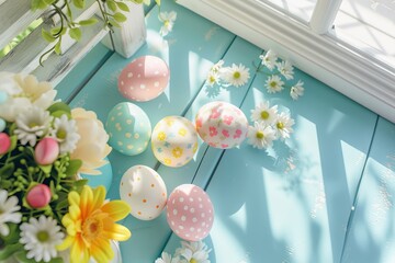 Happy Easter Eggs sunny. Bunny hopping in flower crucifixion decoration. Adorable hare 3d springtime rabbit illustration. Holy week carrots card jolly