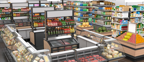 Grocery store interior with shelves of goods, drawing. 3d illustration