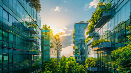Fototapeta premium Sustainable cityscape with eco-friendly skyscrapers, integrating green spaces and clean energy solutions.