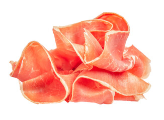 Slices of appetizing jamon. Raw ham Slices of prosciutto di parma. Isolated on white background - obrazy, fototapety, plakaty