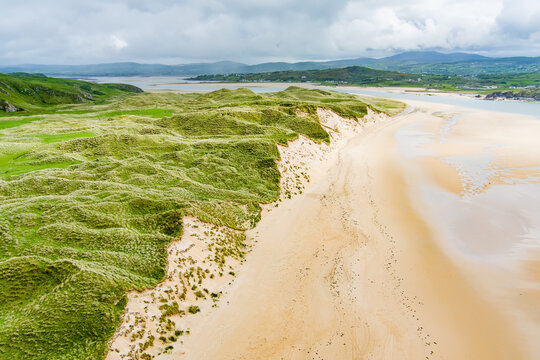 Five Finger Strand, one of the most famous beaches in Inishowen known for its pristine sand and rocky coastline with some of the highest sand dunes in Europe, county Donegal, Ireland.