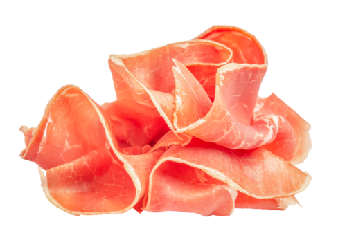 Slices of appetizing jamon. Raw ham Slices of prosciutto di parma. Isolated on white background