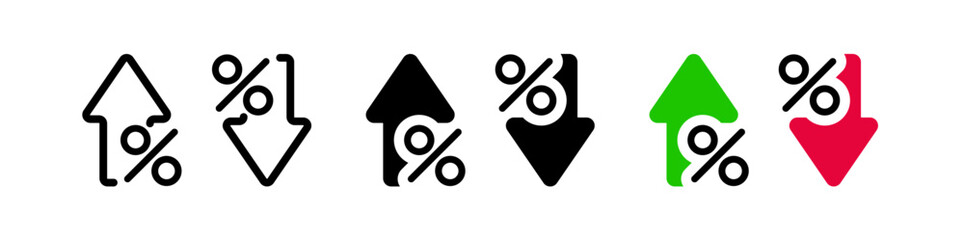 Arrow up and down. Percentage growth and decline icons. Percent up and down line and flat style symbols. Stock vector illustration
