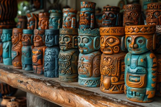 A vibrant display of hand-painted ceramic souvenirs adorns the shelf, each statue a unique piece of art representing memories and cultures from around the world