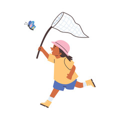 Cute child girl runs with net after butterfly flat style, vector illustration