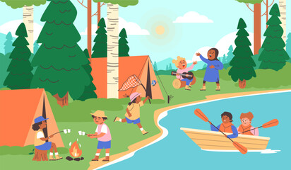 Obraz na płótnie Canvas Children summer camp in forest with children flat cartoon vector illustration.