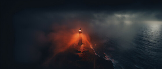 Toma cinematográfica, el haz de luz naranja del faro brilla a través de la niebla, rayos divinos, iluminación volumétrica, noche