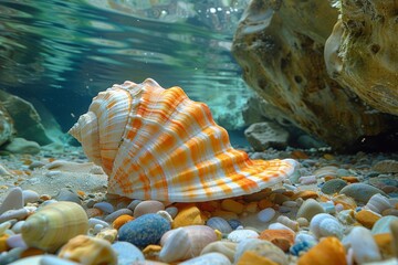 A lone sea snail's shell rests on a rock in the reef, a symbol of the delicate balance between marine invertebrates and their underwater world