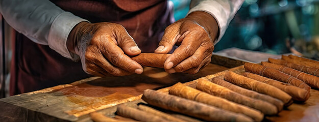Close-up shot of skilled hands of elderly man carefully rolling cigars on a rustic wooden surface.