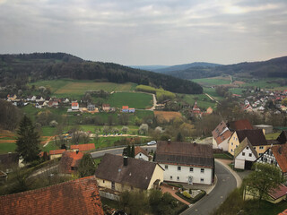 Panorama of the town Osternohe from the Schlossberg hill, Nürnberger Land, Bavaria, Germany, April 2019