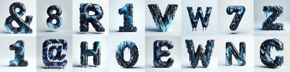 Obsidian and Blue glass 3D Lettering Typeface. AI generated illustration
