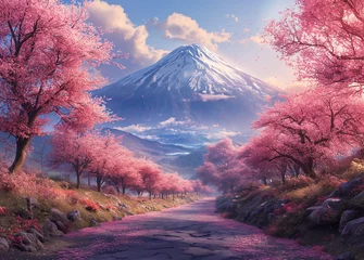 Fotobehang Illustration of Japanese landscapes during japanese cherry blossoms, peach fuzz colour, © KAL'VAN