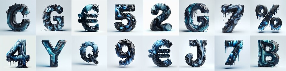 Obsidian and Blue glass 3D Lettering Typeface. AI generated illustration