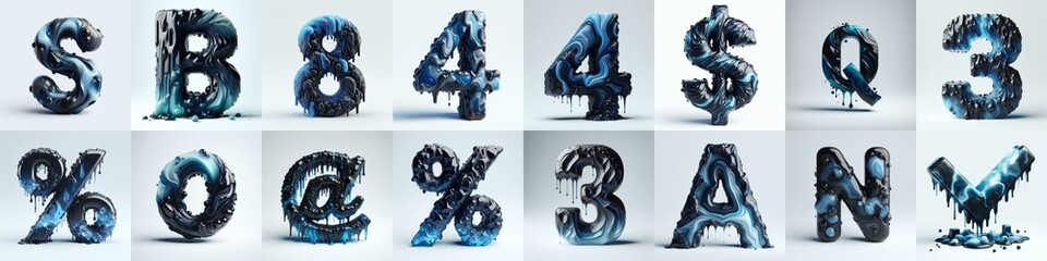 Obsidian and Blue glass 3D Lettering Typeface. AI generated illustration - obrazy, fototapety, plakaty